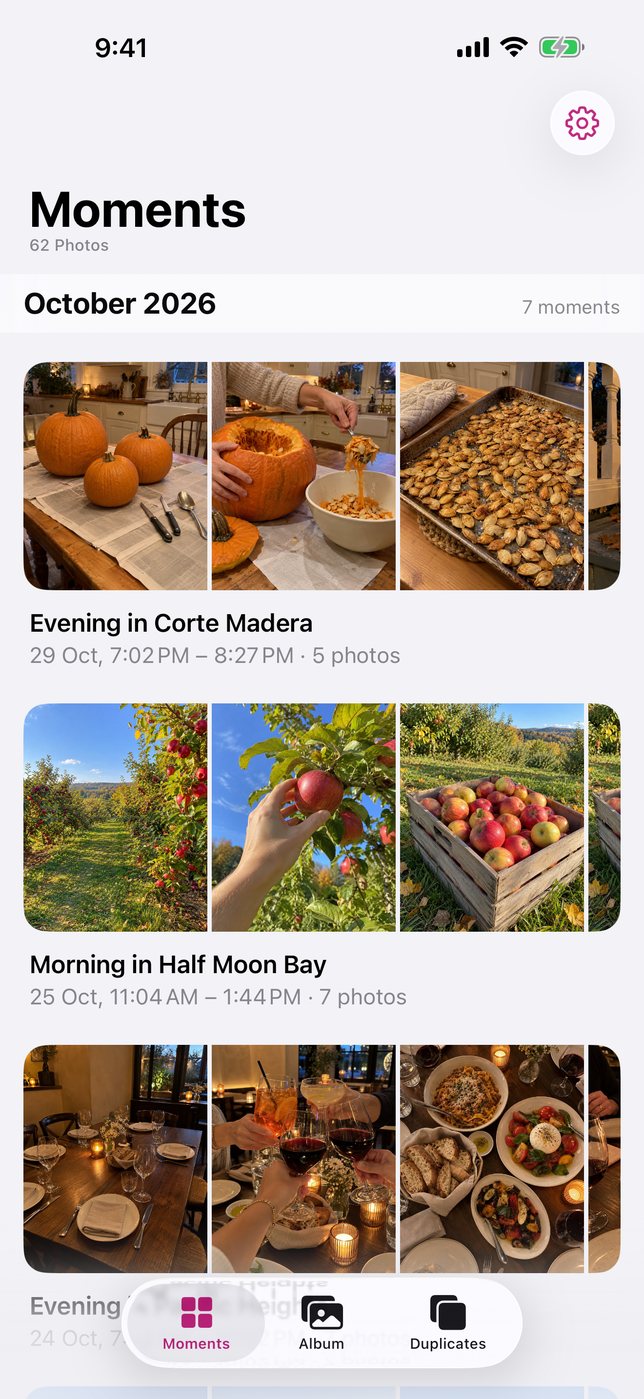 Moments timeline with pumpkin carving, apple picking in Half Moon Bay and dinner, each with photo previews