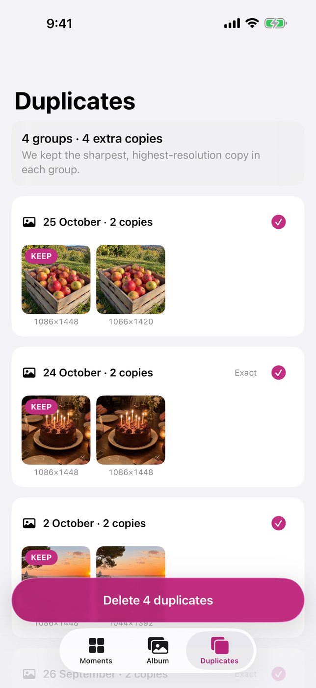Duplicate review with four groups of repeated photos and the best copy of each marked Keep